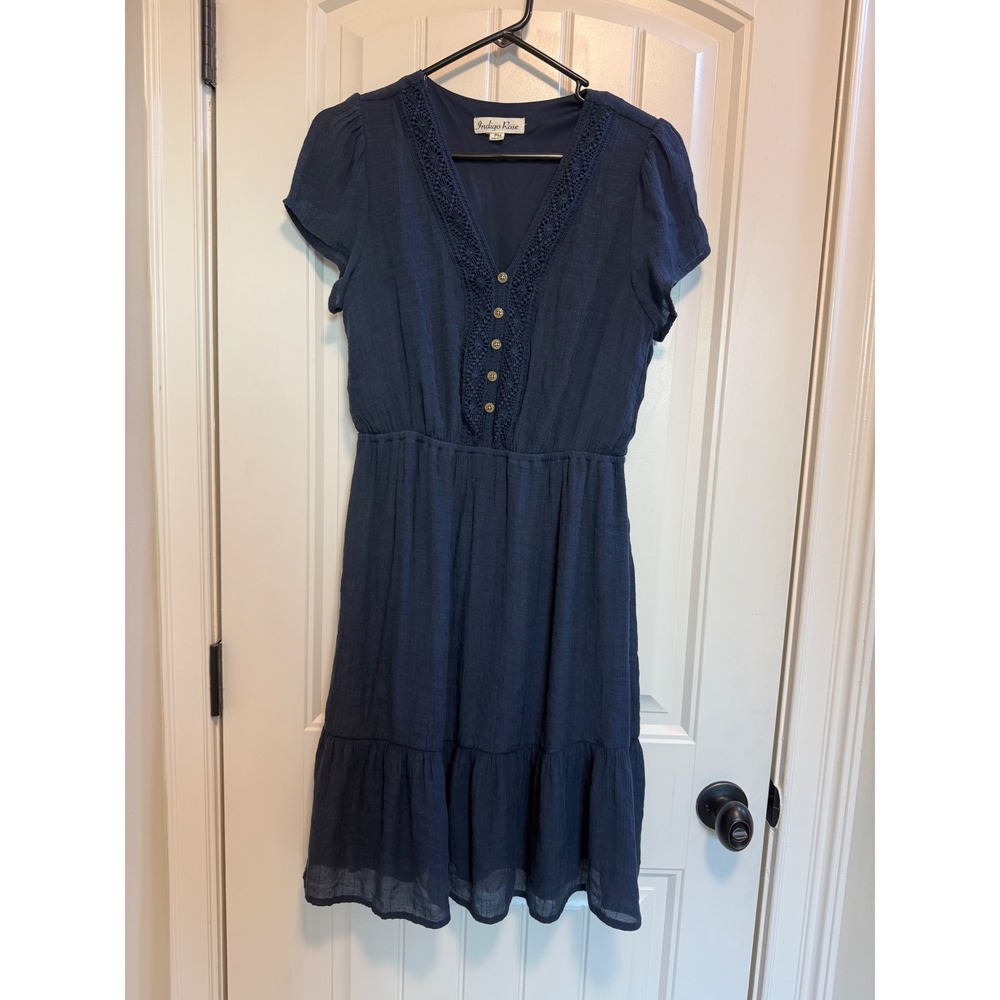 Indigo Rose Navy Blue Crochet Lace V-Neck Tiered Ruffle Dress Petite Medium PM